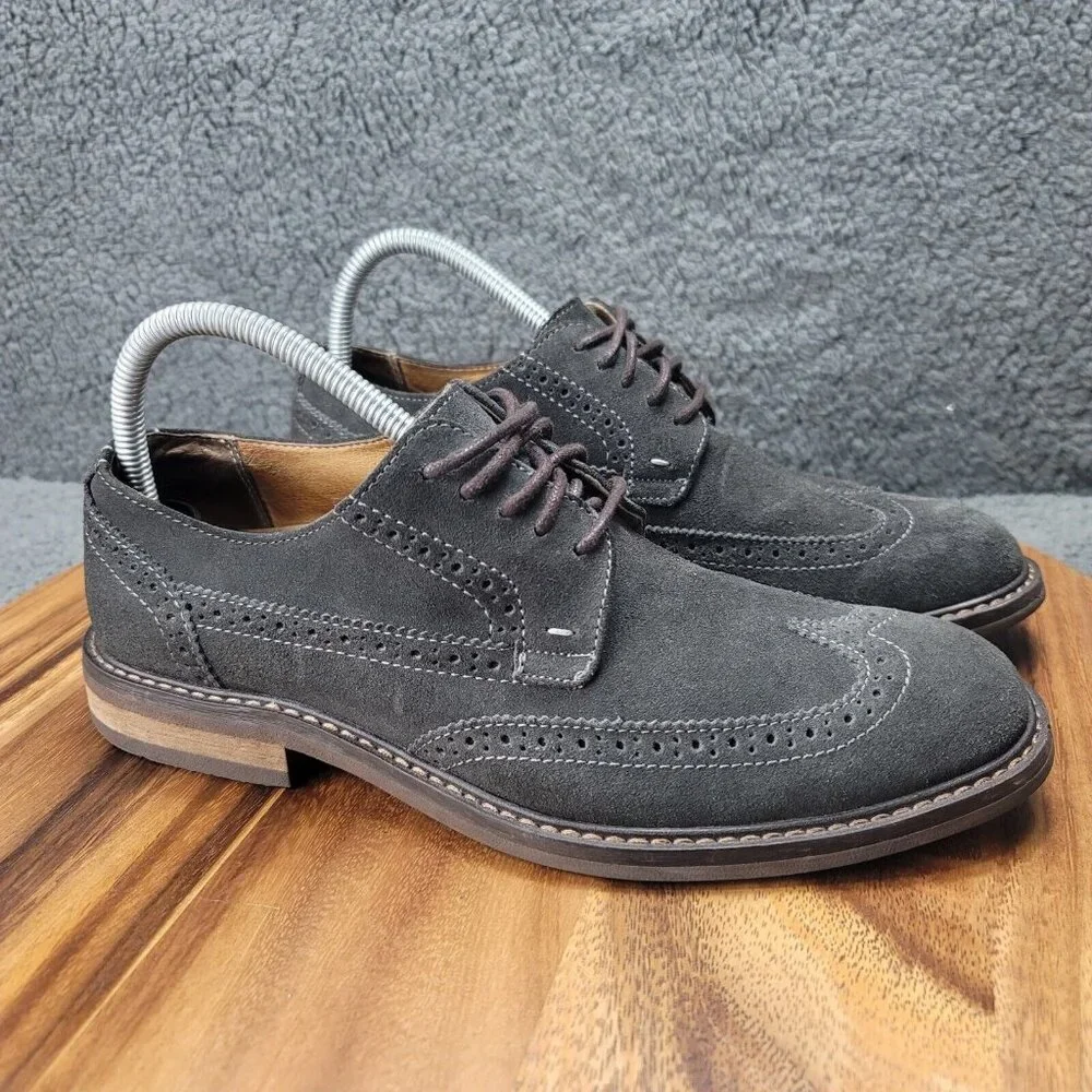 Vionic 555 Bruno Shoes Gray Suede Mens Size 8 Wingtip Oxfords Dress Stitched‎
